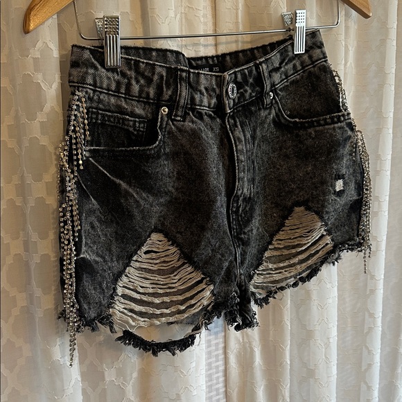 #617 Distressed Black Denim Shorts with Rhinestone Details - Picture 4 of 6